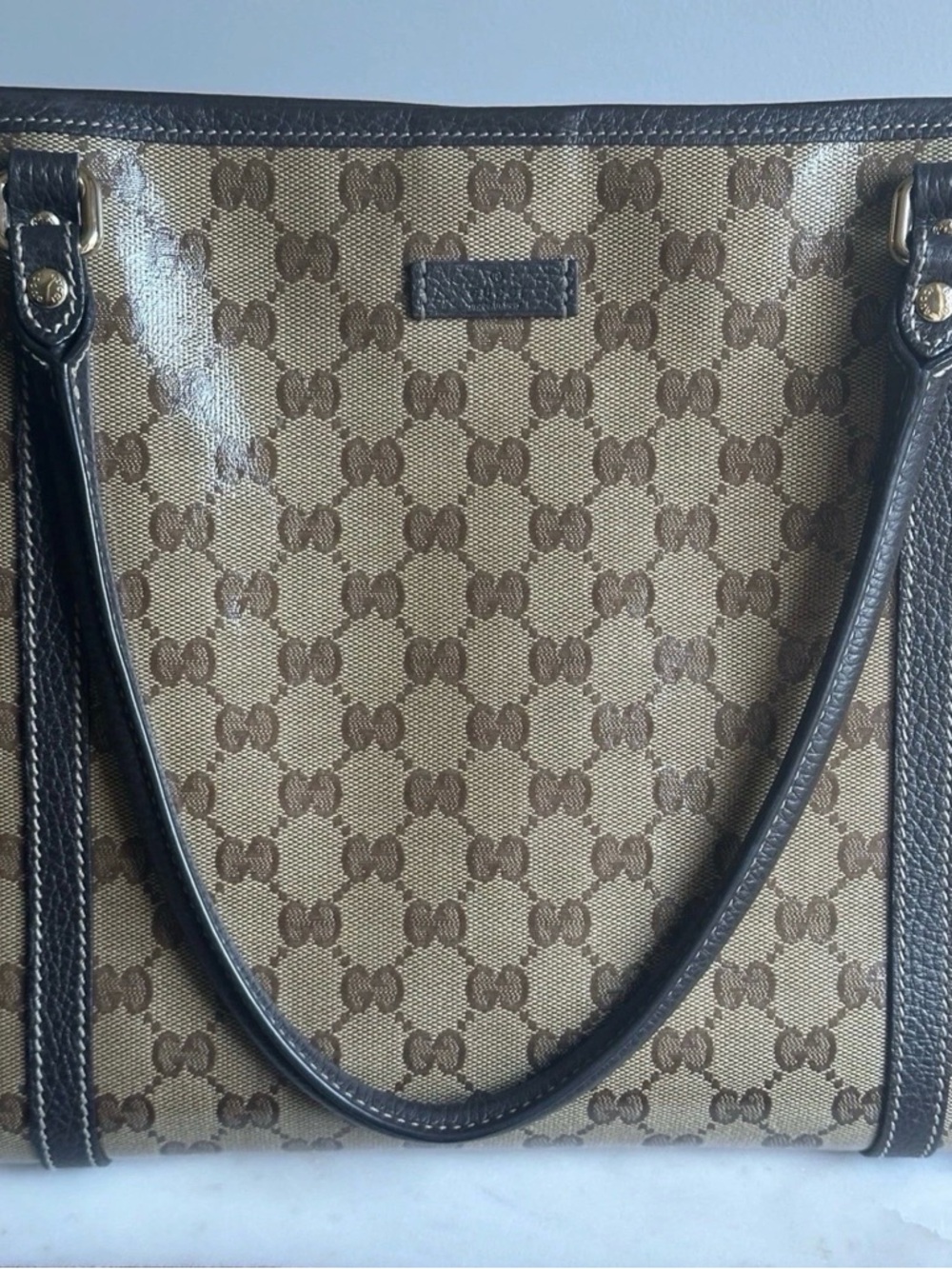 Authentic Gucci GG Monogram Tote Bag Beige/Brown Canvas & Leather – Like New - Picture 3 of 11